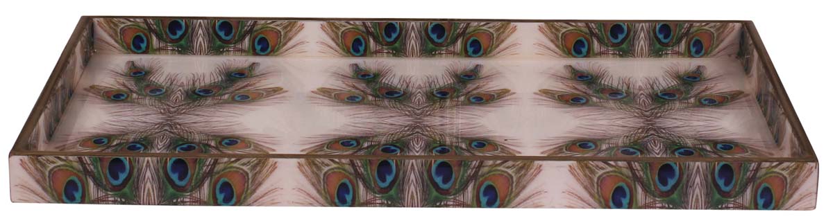 Buy in Bulk Wholesale 16” Hand-Crafted Serving Tray in MDF - Cream, Blue, Green - Decorative Tray with Peacock Feather Enamelled Art - Classic Serve-Ware/Decor/Gifts from India